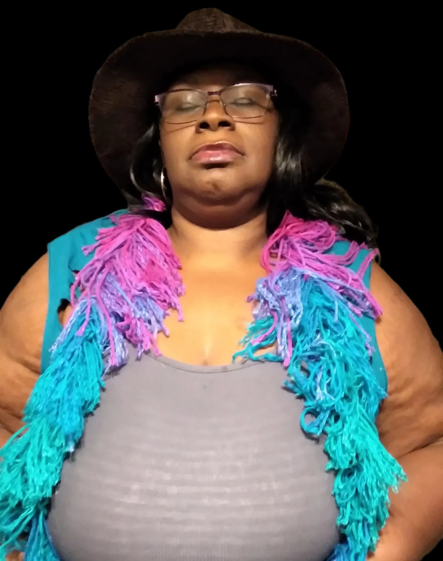 Multi-color shred...base blue with fringe